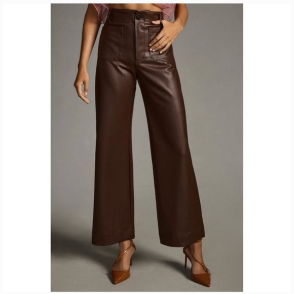 Maeve Pants - Maeve Anthropologie Chocolate Brown Colette Cropped Wide-Leg Faux Leather Pants